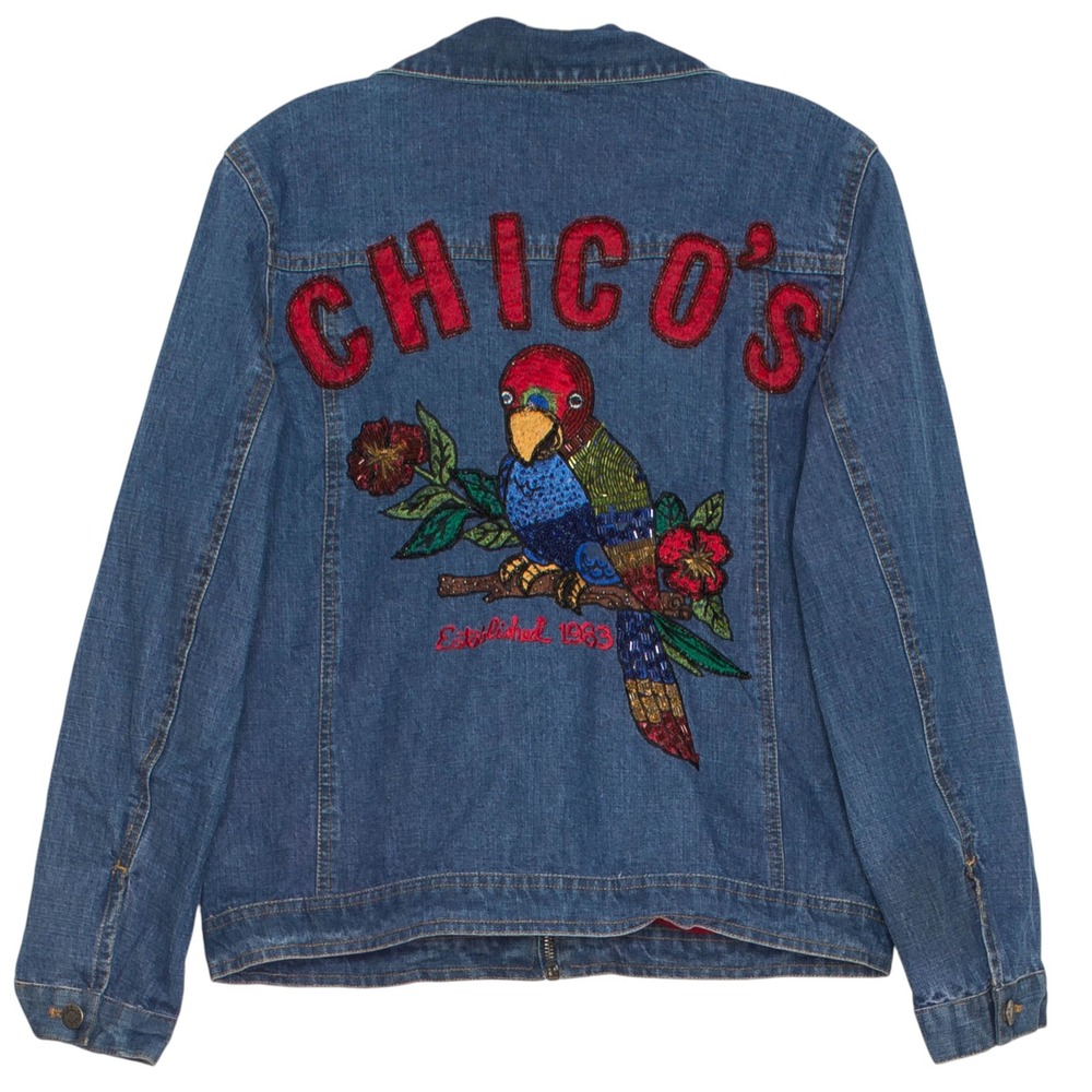 Chicos Denim Jacket Embroidered Embellished Tropical Beaded Maximalist Artsy 0 S